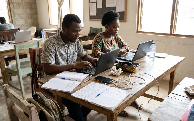Agency staff working on laptops in a shared Kumasi workspace