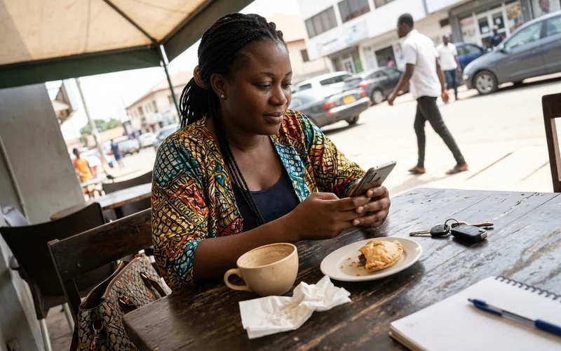 Business owner approving a social media post on her phone during a coffee break in Accra