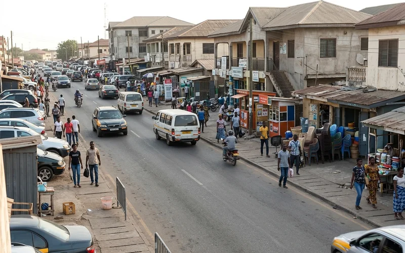 Busy commercial road in Accra with shops and offices
