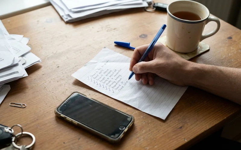 Hands writing an agency checklist on paper beside a phone