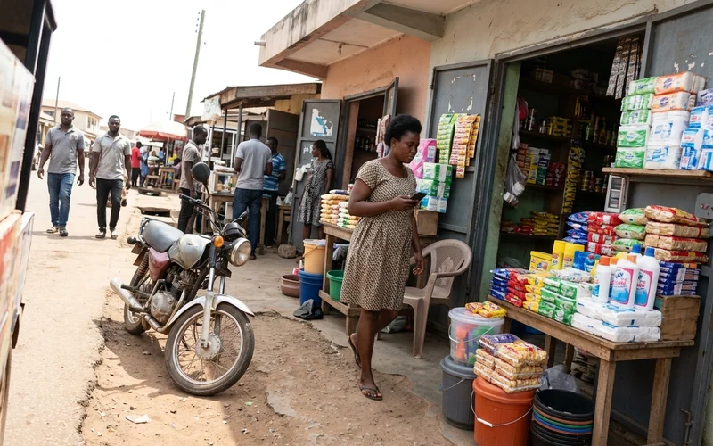 Customer walking into a small Kumasi shop after finding it on Google Maps