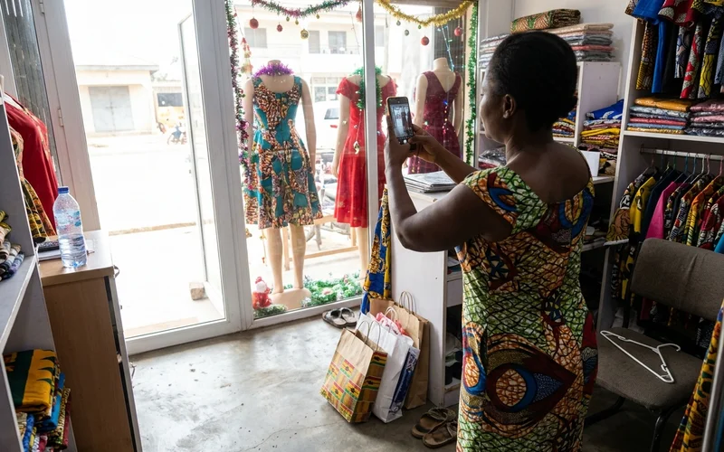 Kumasi boutique owner photographing a festive window display for her Google profile