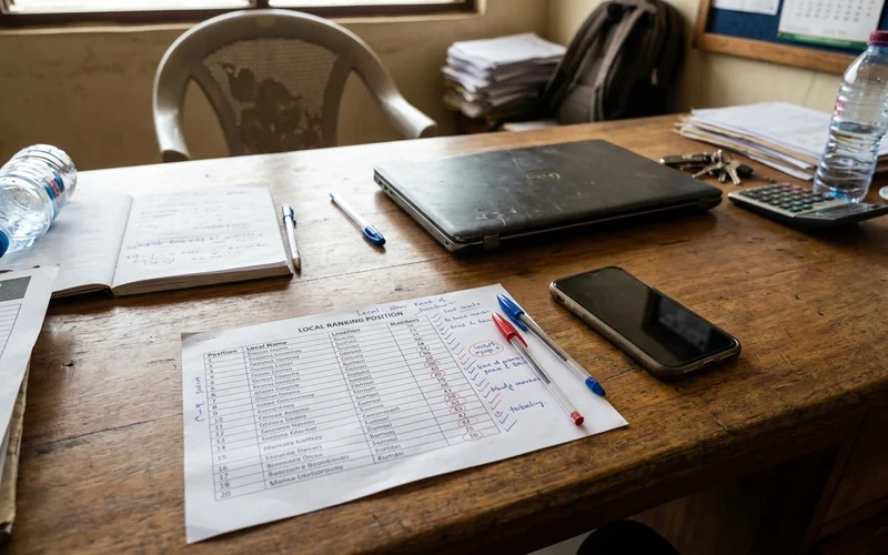 Printed local ranking grid and notes on a desk