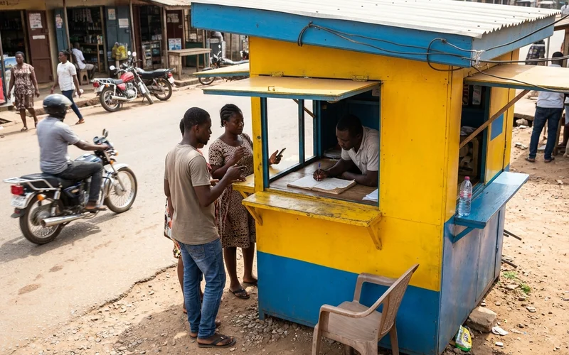 Mobile money kiosk on a Kumasi street with people paying by phone