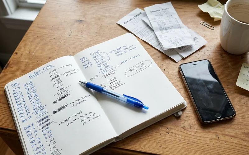 Notebook with handwritten website budget notes beside a phone and receipts