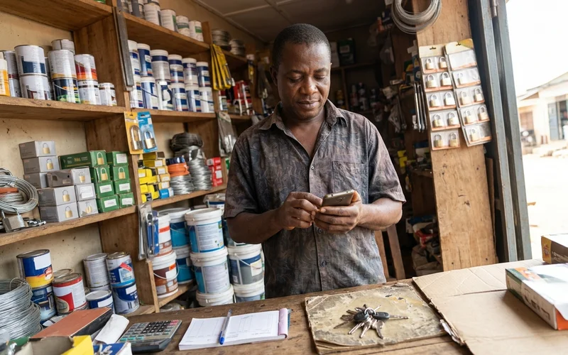 Hardware shop owner in Kumasi checking his website on an Android phone
