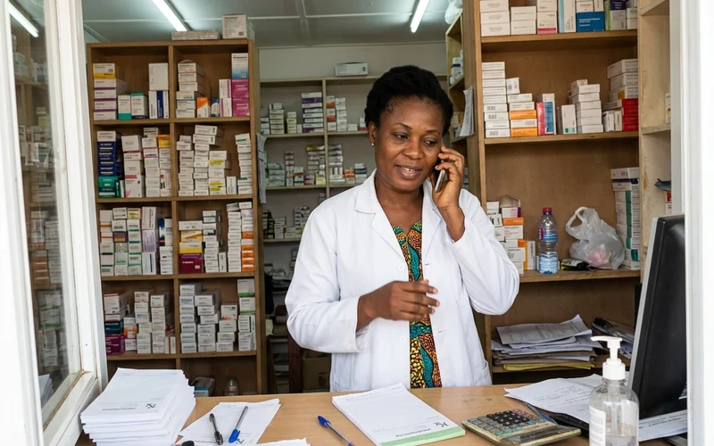 Pharmacy owner in Accra taking a customer phone call at the counter