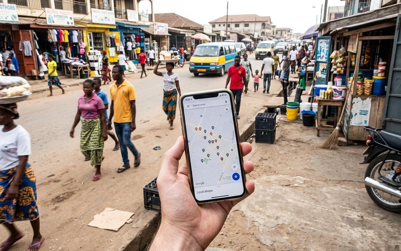 Phone showing a map of nearby shops on a busy city street