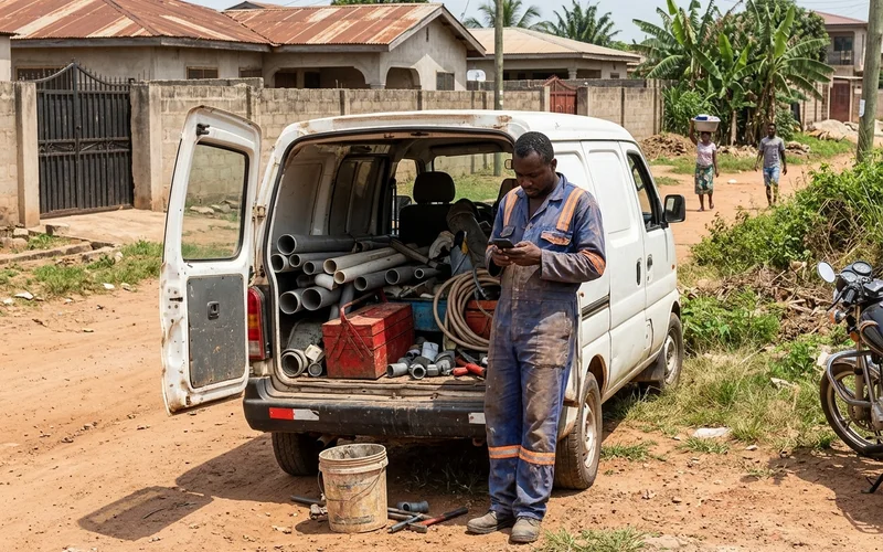 Plumber searching on his phone beside his van in a Kumasi neighbourhood