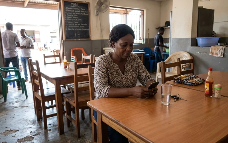 Restaurant owner in Accra checking her phone during a quiet afternoon between services