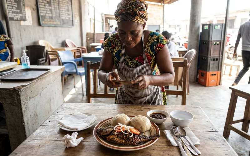 Restaurant owner in Accra photographing a new menu dish for her website