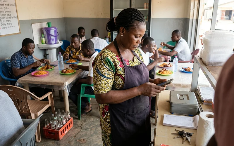 Restaurant owner in Kumasi answering a WhatsApp enquiry on her phone
