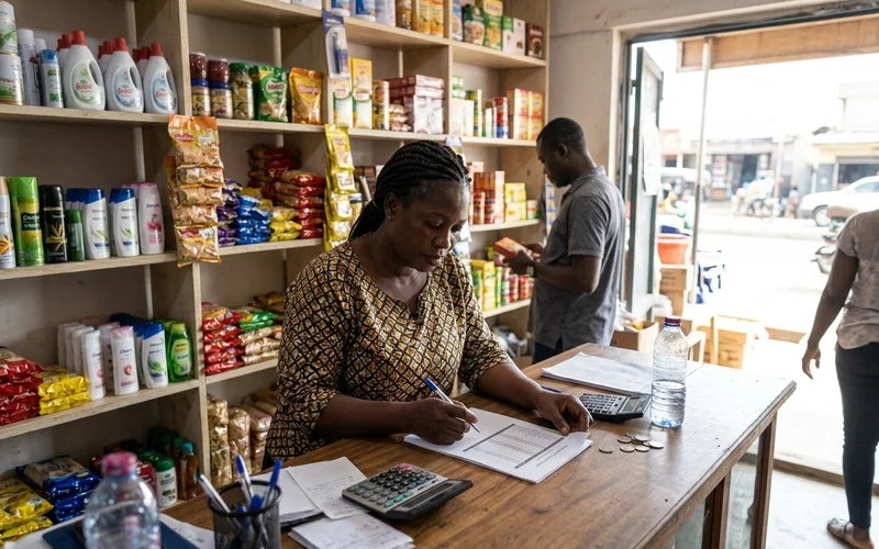Shop owner reading a printed monthly marketing report at her counter