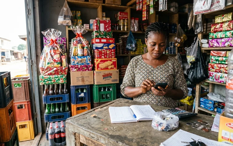 Shop owner in Accra updating holiday opening hours on her phone