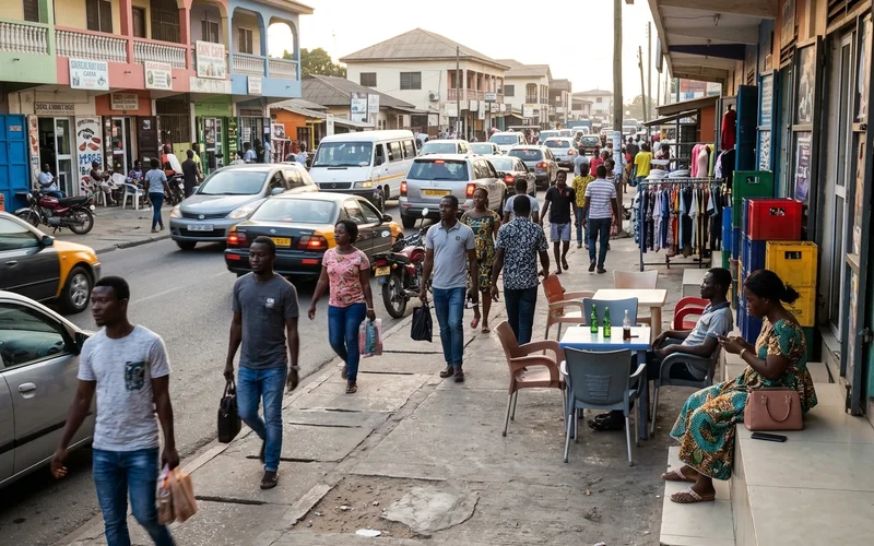 Shops and cafes along a busy road in Osu, Accra