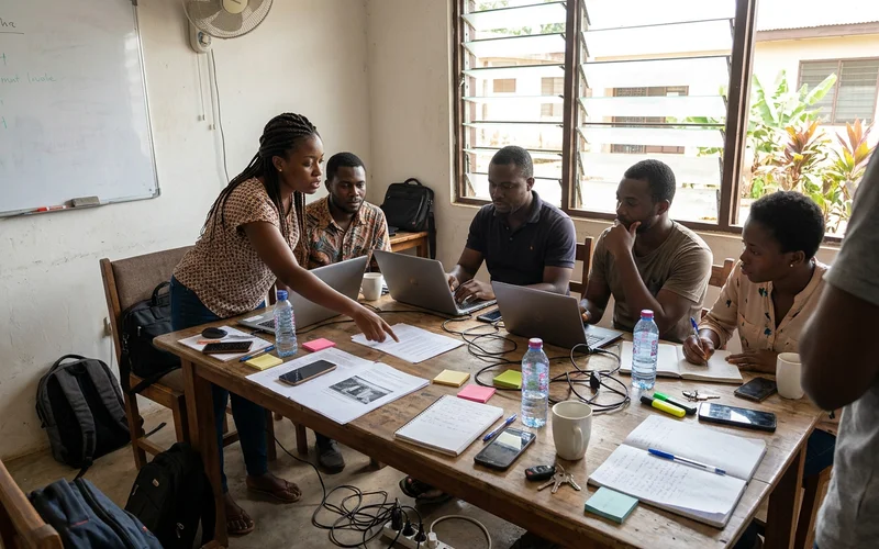 Small agency team at laptops planning a client campaign in a Kumasi workspace