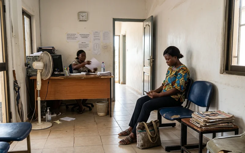 Patient checking a clinic website on a phone in an Accra reception area