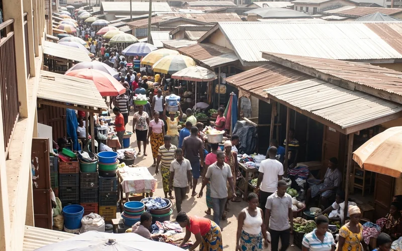 Busy Kumasi trading district with market stalls and shopfronts