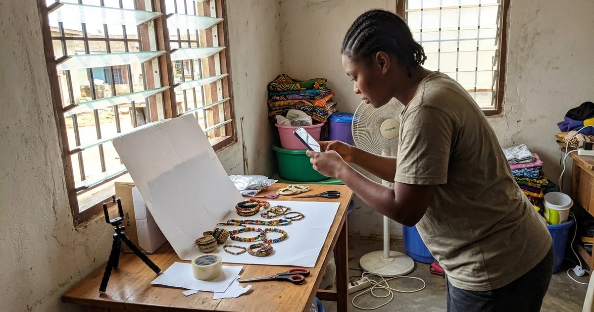Content creator photographing products on a table in a small Kumasi studio