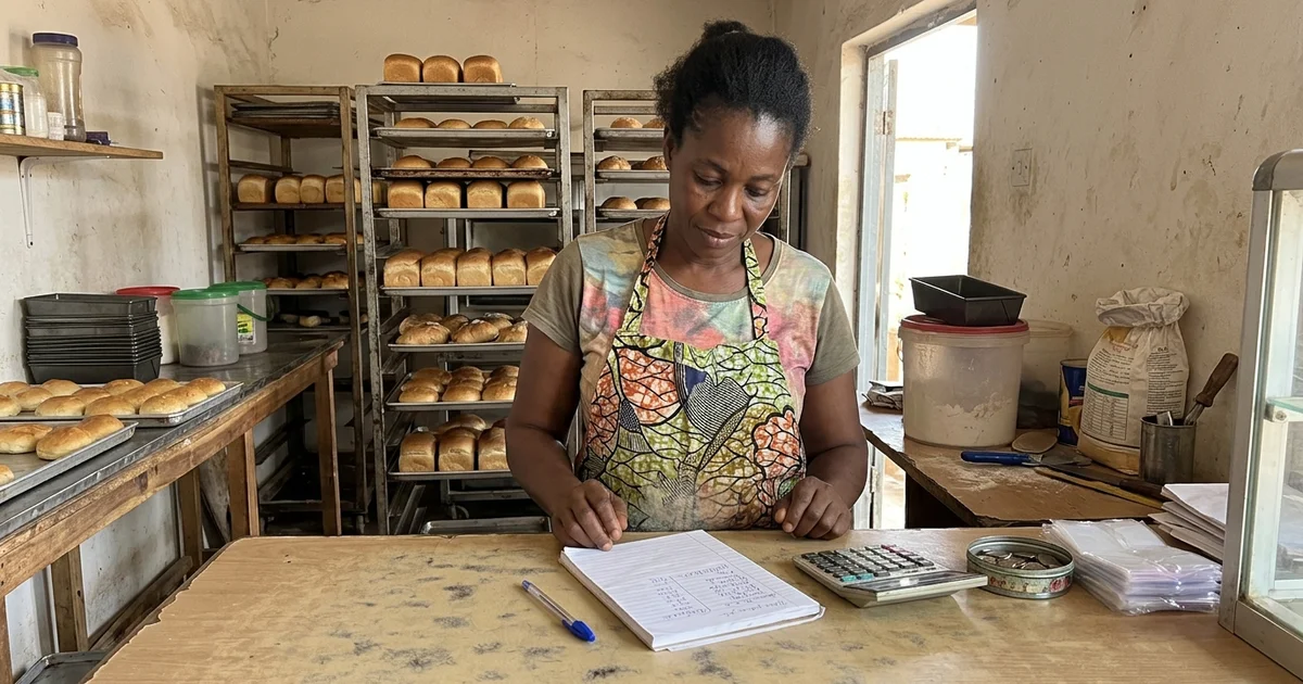 Bakery owner in Accra reviewing a monthly budget on paper at the counter