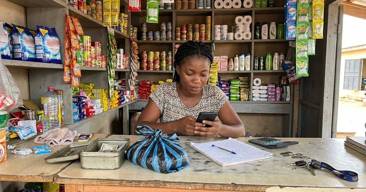 Shop attendant replying to WhatsApp messages on a phone behind a Kumasi counter