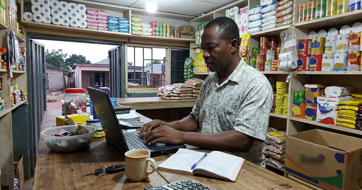 Shop owner working on a laptop late in the evening behind the counter