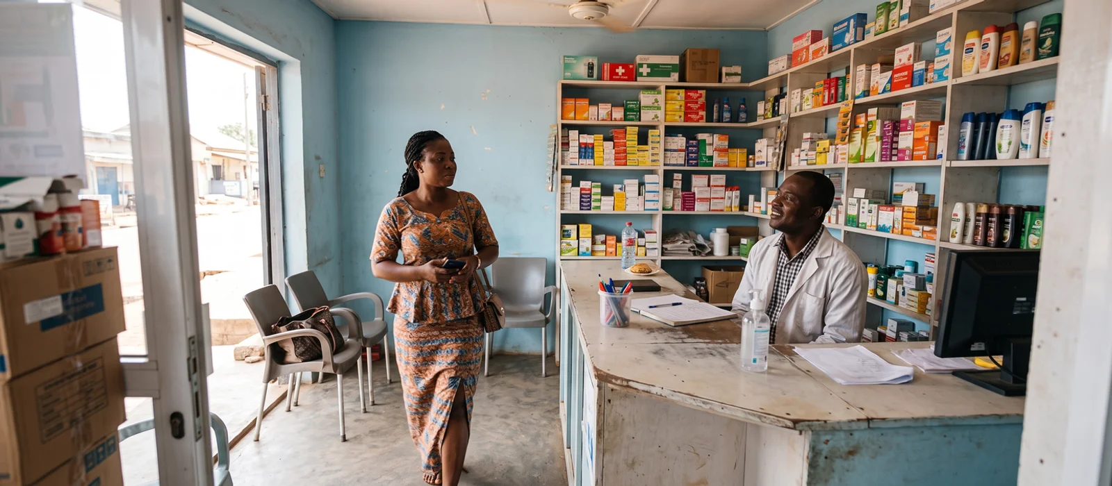 Shop owner in Kumasi serving a customer who found the business on Google Maps