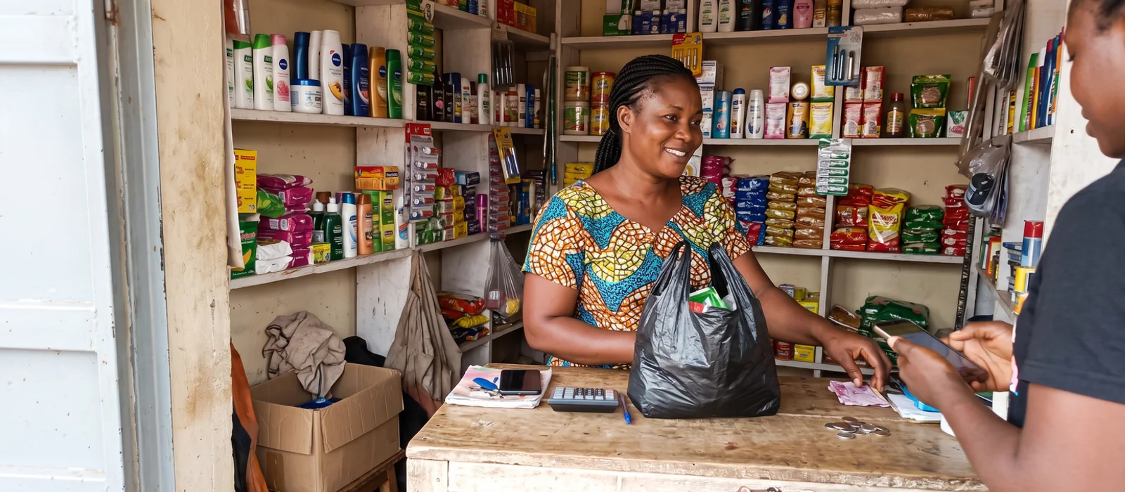 Shop owner in Kumasi serving a customer who found the business on Google Maps