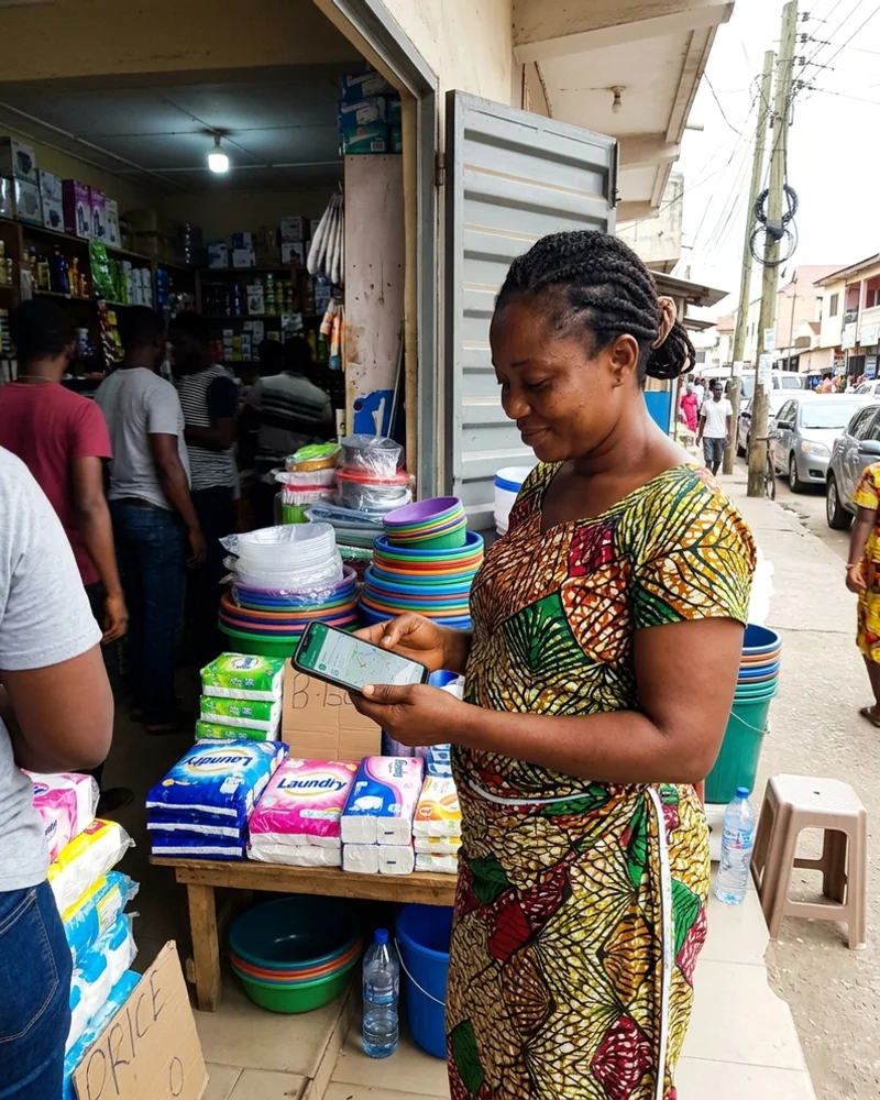 Kumasi shop owner checking her Google Maps listing on her phone at the shop entrance