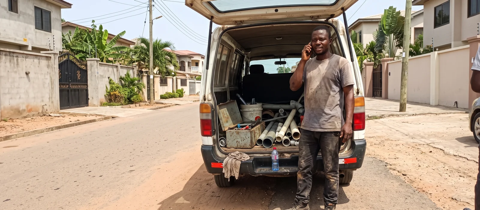 Shop owner in Kumasi serving a customer who found the business on Google Maps