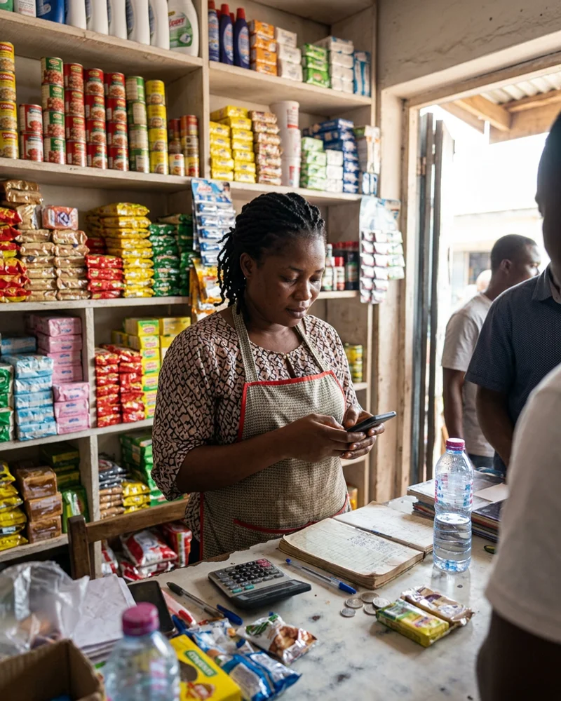 Kumasi shop attendant answering WhatsApp enquiries that came from an ad
