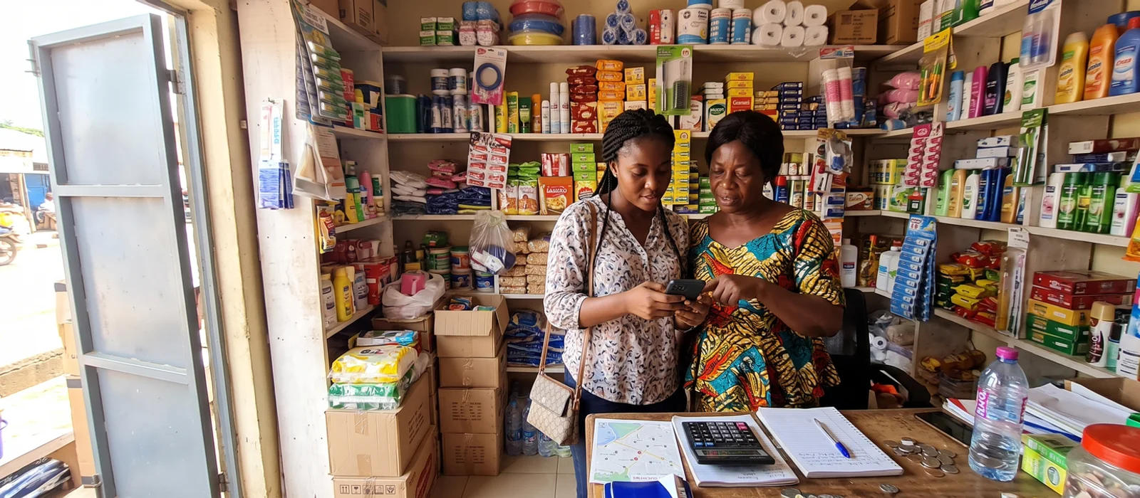Account manager visiting a client's shop in Kumasi to review their Google Maps listing